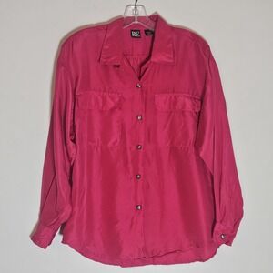 Vintage Basic Editions Top Womens Small Pink 100% Silk Button Up Pockets Classic